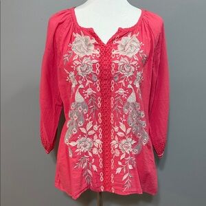 Johnny Was Surya Peasant Split Back Embroidered Blouse Top - Medium - Orig. $215